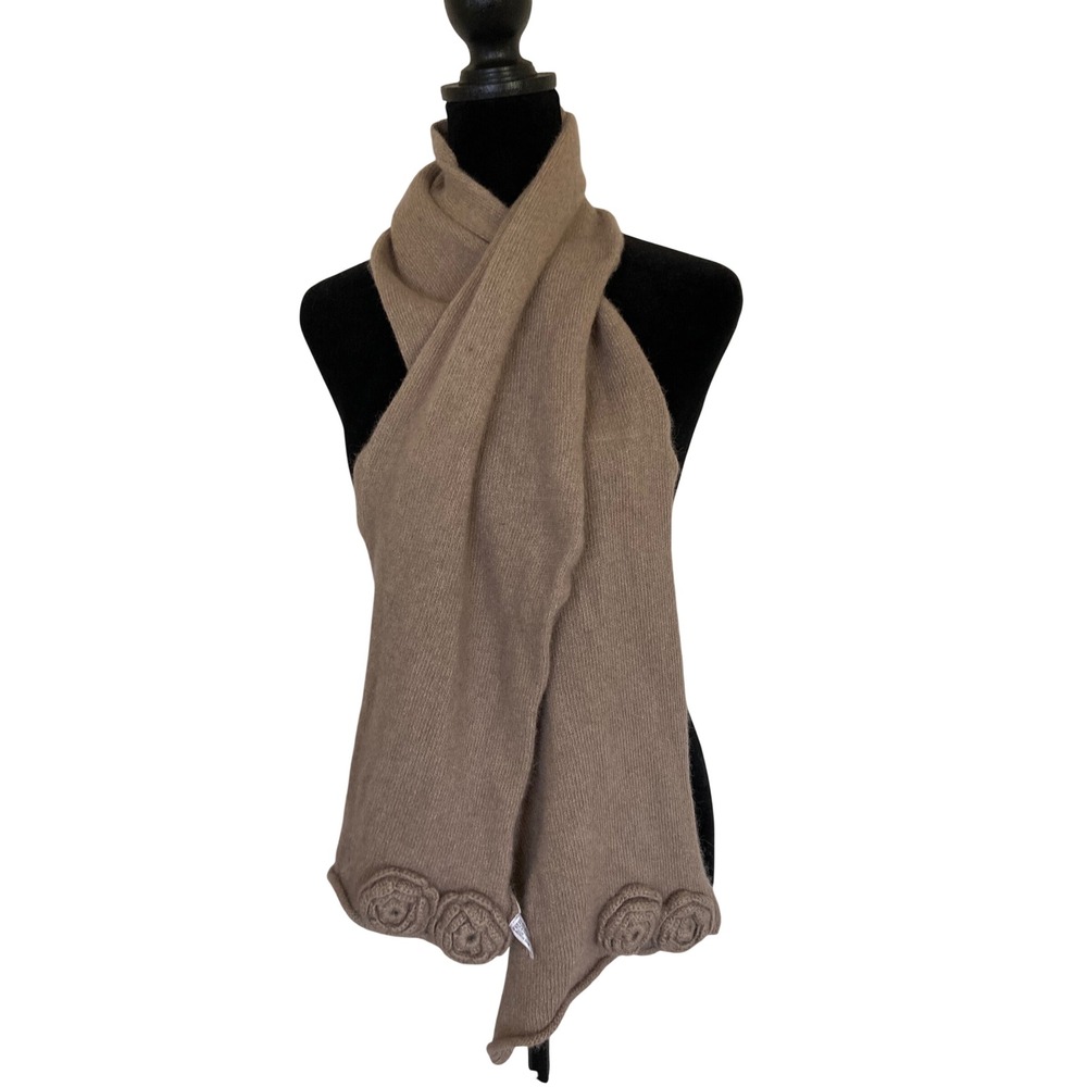 Portolano Alpaca Silk Cashmere Wool Knit Scarf Taupe Brown Crochet Rose Detail